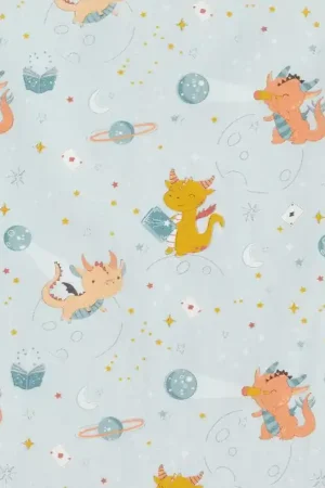 Achat Immédiat Popeline coton Dragons dans l’espace – bleu bébé