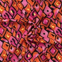 Commande En Gros Tissu Viscose satiné Carreaux retro fuschia sur fond Noir - Par 10 cm