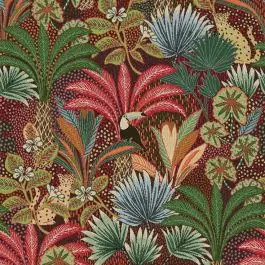 Tissu Jacquard d'ameublement Borne Nature sur fond Bordeaux - Par 10 cm Expédition Rapide