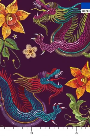 Achat Immédiat Dragon asiatique effet brodé - Fond violet foncé
