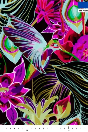 Achat Immédiat coupon - Coupon 245cm - Paradis caraïbes - Fond noir - Création Lili Bambou Design - Satin duchesse 190 gr/m² - 140 cm