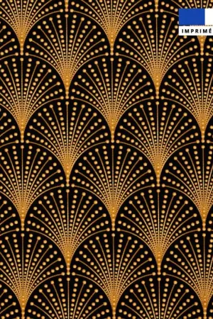 Achat Immédiat Popeline de coton peigné noire motif plume art déco dorée