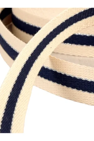 Sangle 3 bandes fil métal 100 % coton 30mm bleu marine au mètre Nouveauté