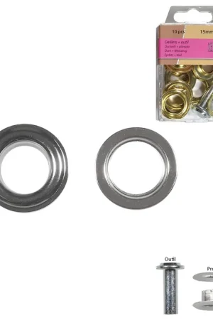 Lot de 10 oeillets 15mm couleur argent et outil Achat Immédiat